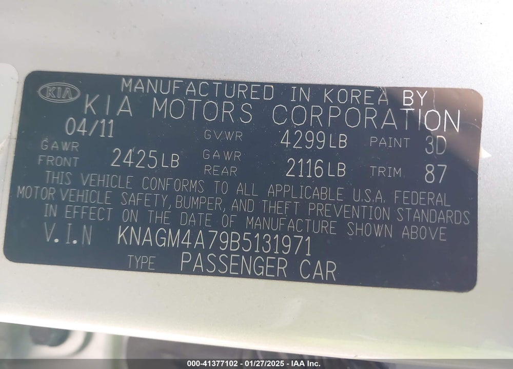 2011 KIA OPTIMA LX VIN: KNAGM4A79B5131971
