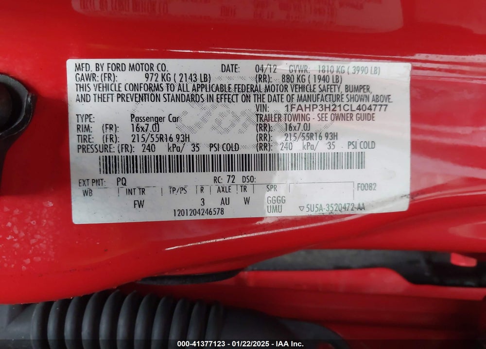 2012 FORD FOCUS VIN: 1FAHP3H21CL404777