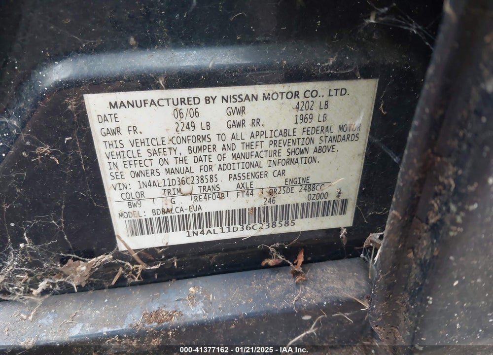 2006 NISSAN ALTIMA 2.5 S VIN: 1N4AL11D36C238585