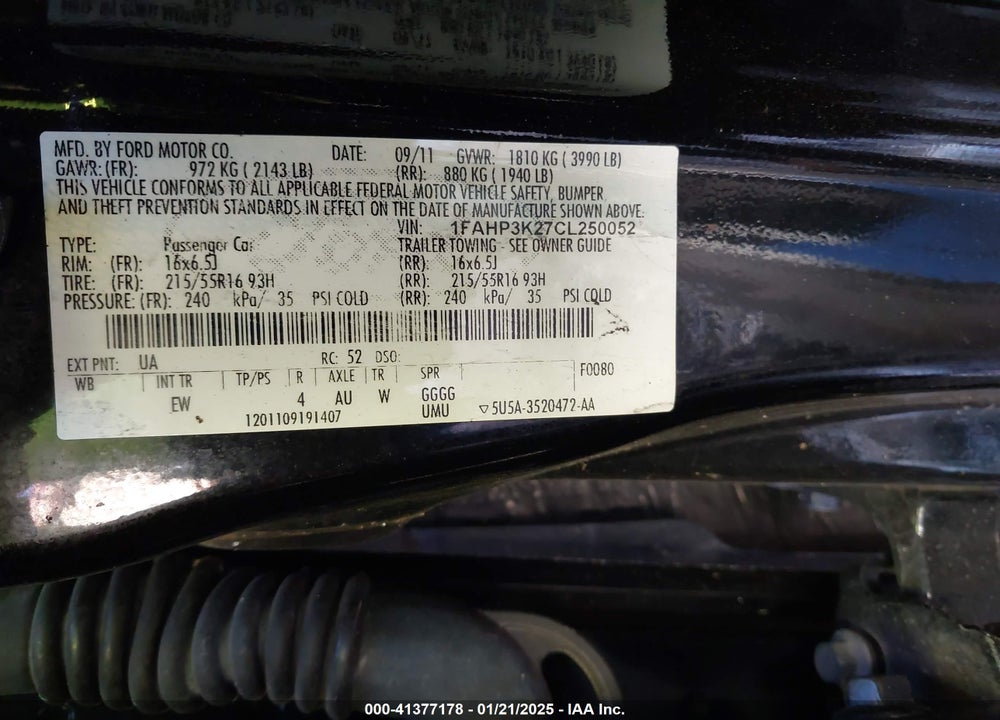2012 FORD FOCUS VIN: 1FAHP3K27CL250052