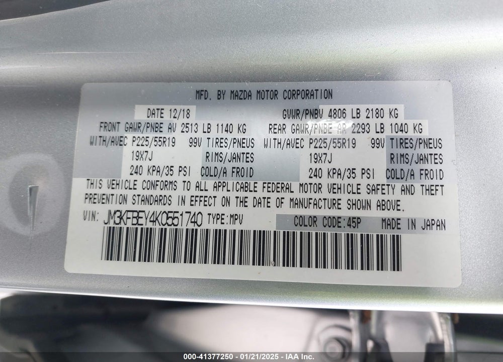 2019 MAZDA CX-5 SIGNATURE VIN: JM3KFBEY4K0551740