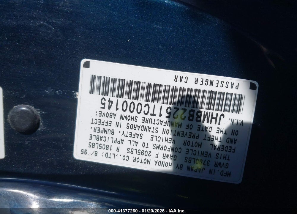1996 HONDA PRELUDE SI/SR VIN: JHMBB2251TC000145