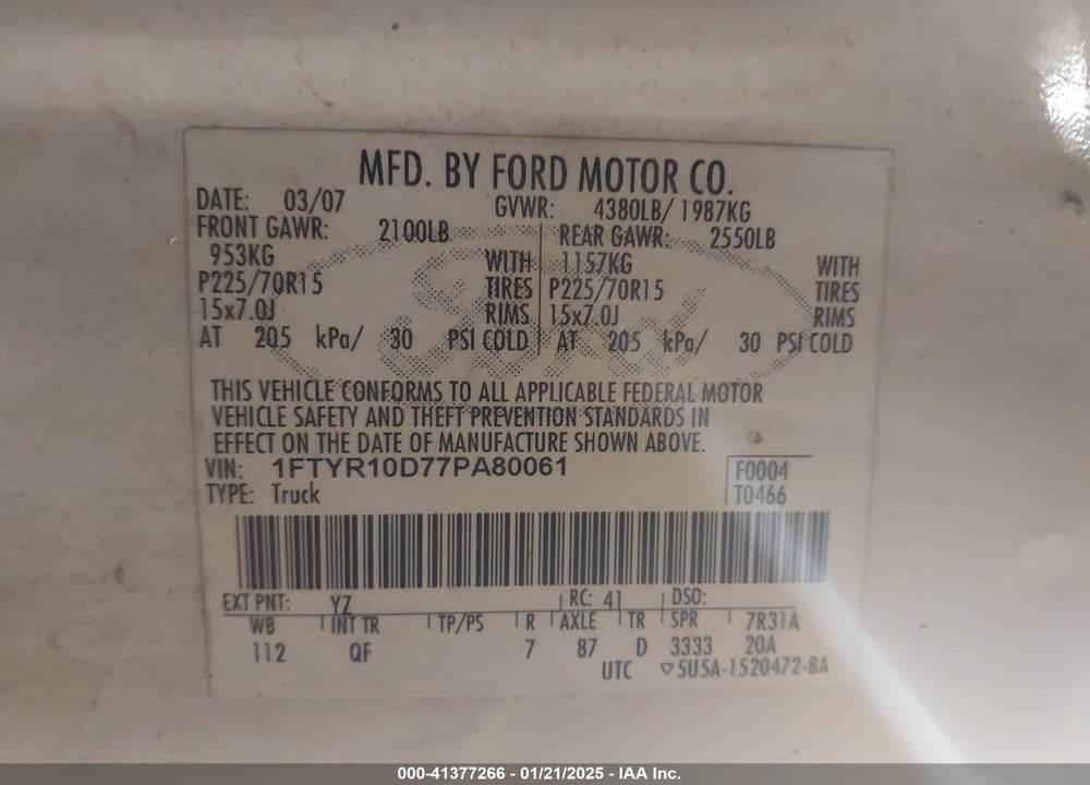 2007 FORD RANGER VIN: 1FTYR10D77PA80061
