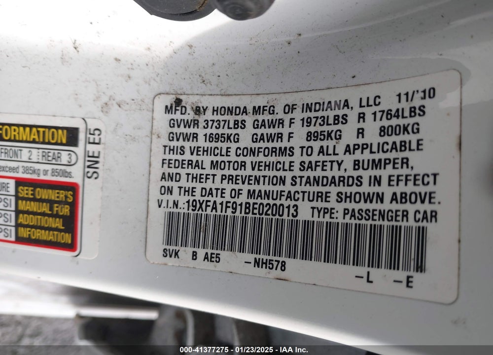 2011 HONDA CIVIC VIN: 19XFA1F91BE020013