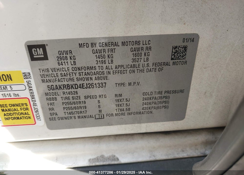 2014 BUICK ENCLAVE LEATHER VIN: 5GAKRBKD4EJ261337