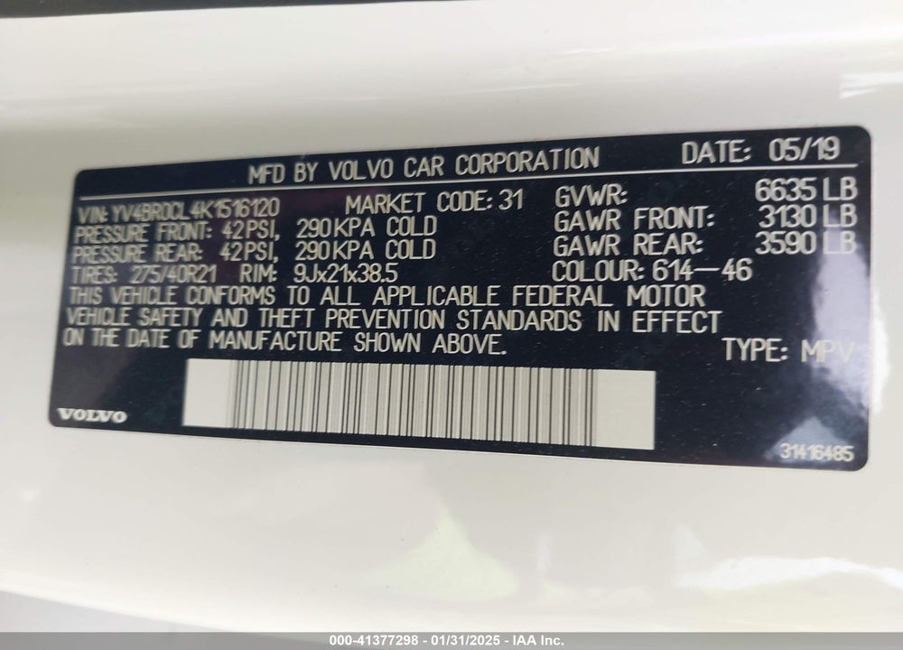 2019 VOLVO XC90 HYBRID VIN: YV4BR0CL4K1516120