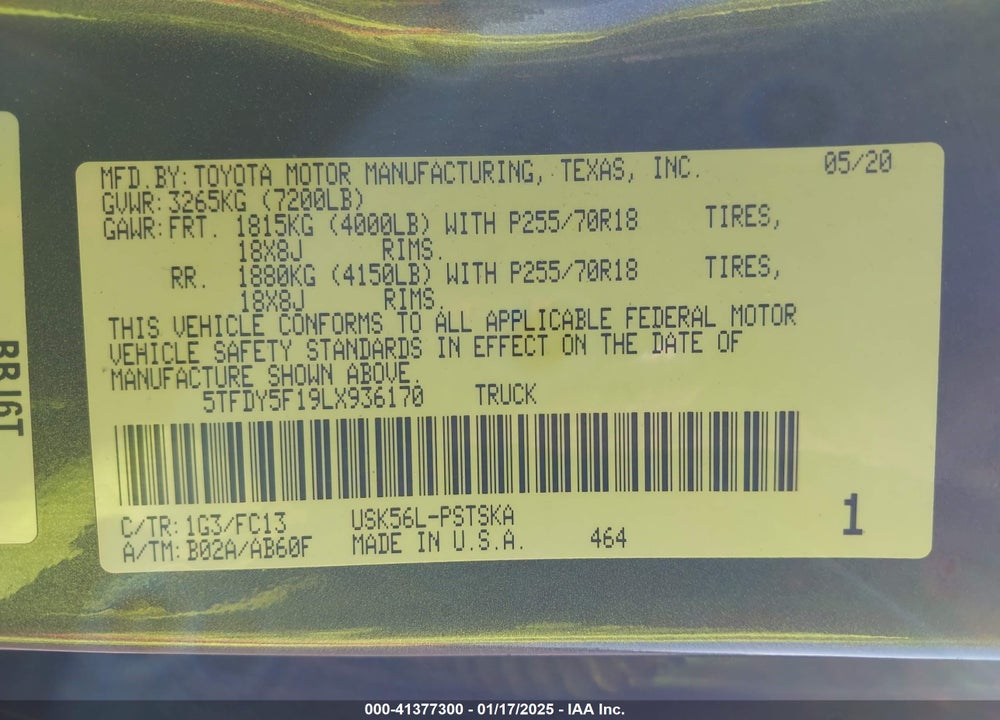 2020 TOYOTA TUNDRA VIN: 5TFDY5F19LX936170