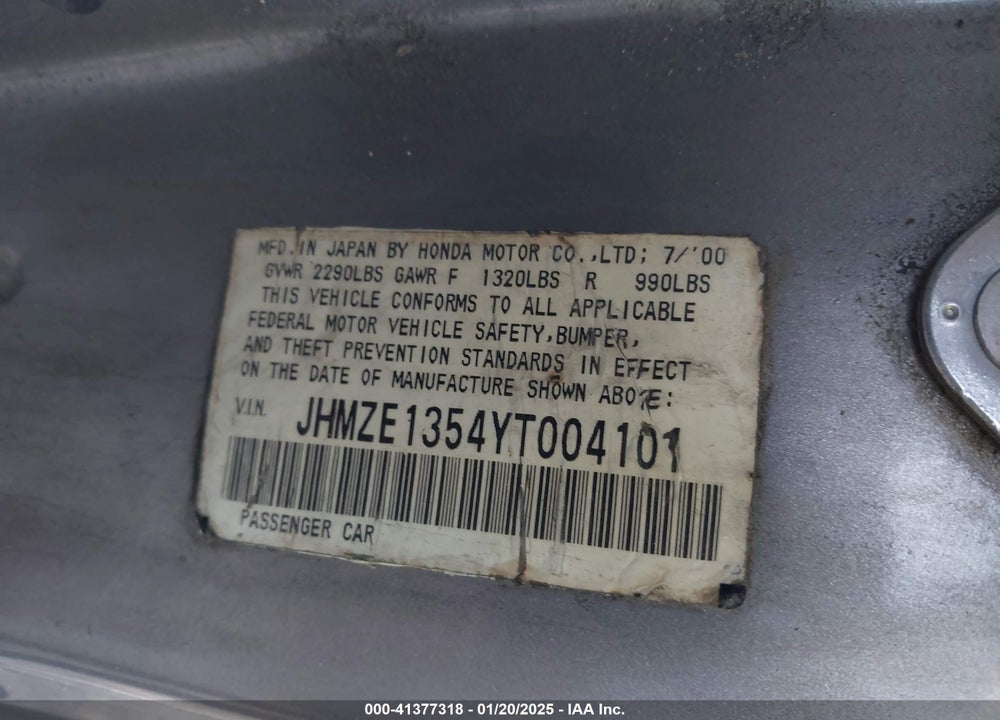 2000 HONDA INSIGHT VIN: JHMZE1354YT004101