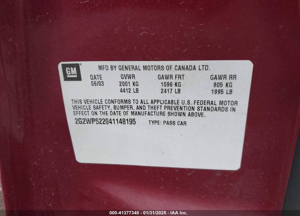 2004 PONTIAC GRAND PRIX VIN: 2G2WP522041148195