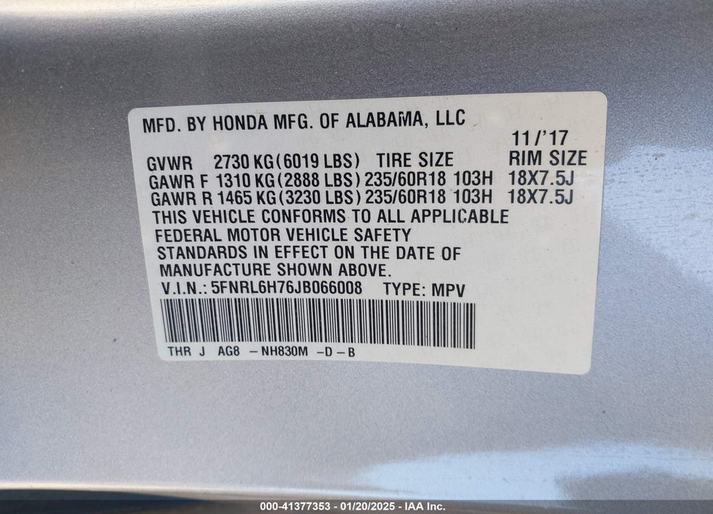 2018 HONDA ODYSSEY EX-L VIN: 5FNRL6H76JB066008