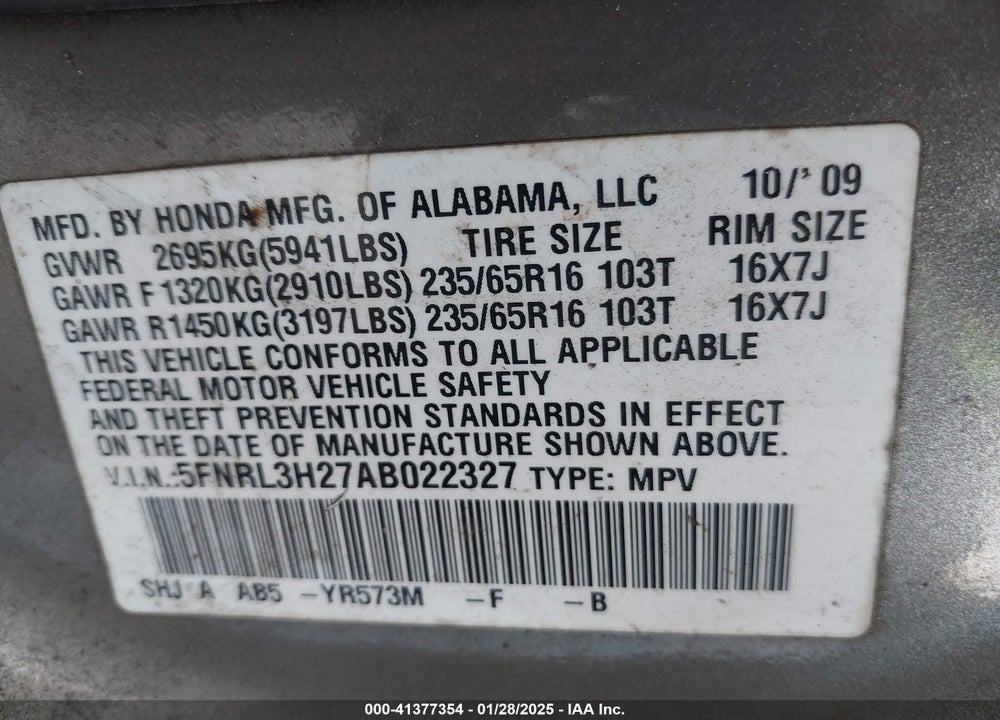 2010 HONDA ODYSSEY LX VIN: 5FNRL3H27AB022327