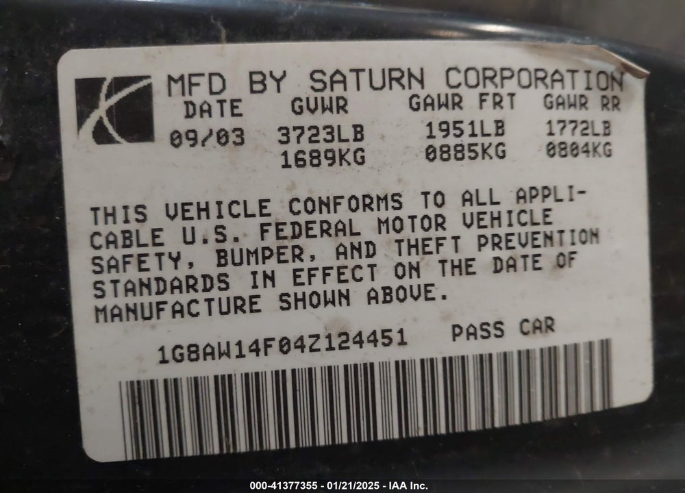 2004 SATURN ION 3 VIN: 1G8AW14F04Z124451