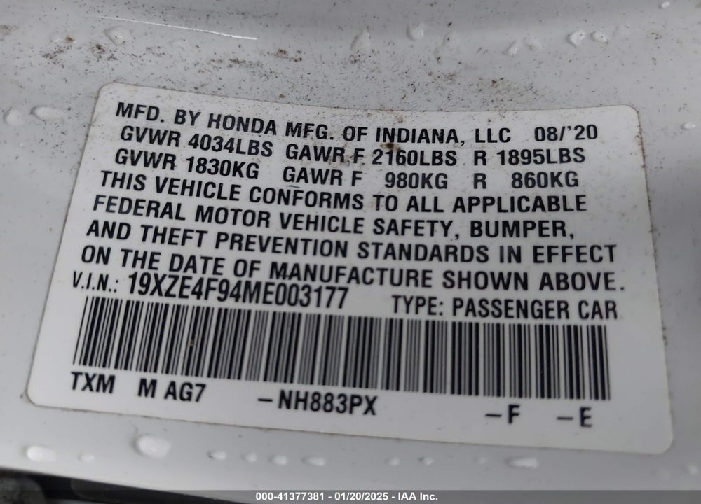 2021 HONDA INSIGHT VIN: 19XZE4F94ME003177