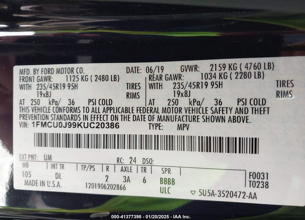 2019 FORD ESCAPE TITANIUM VIN: 1FMCU0J99KUC20386