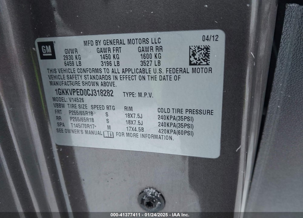 2012 GMC ACADIA SLE VIN: 1GKKVPED0CJ318282