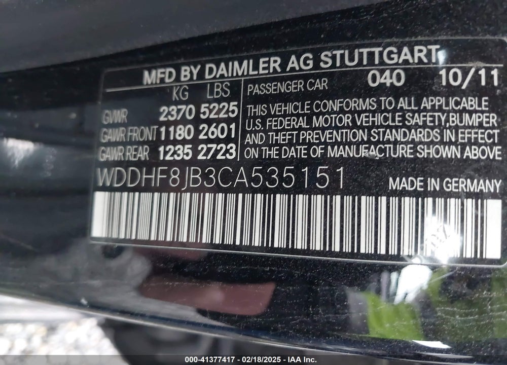 2012 MERCEDES-BENZ E 350 VIN: WDDHF8JB3CA535151