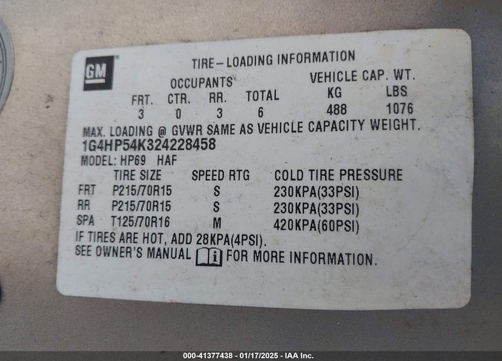 2002 BUICK LESABRE CUSTOM VIN: 1G4HP54K324228458