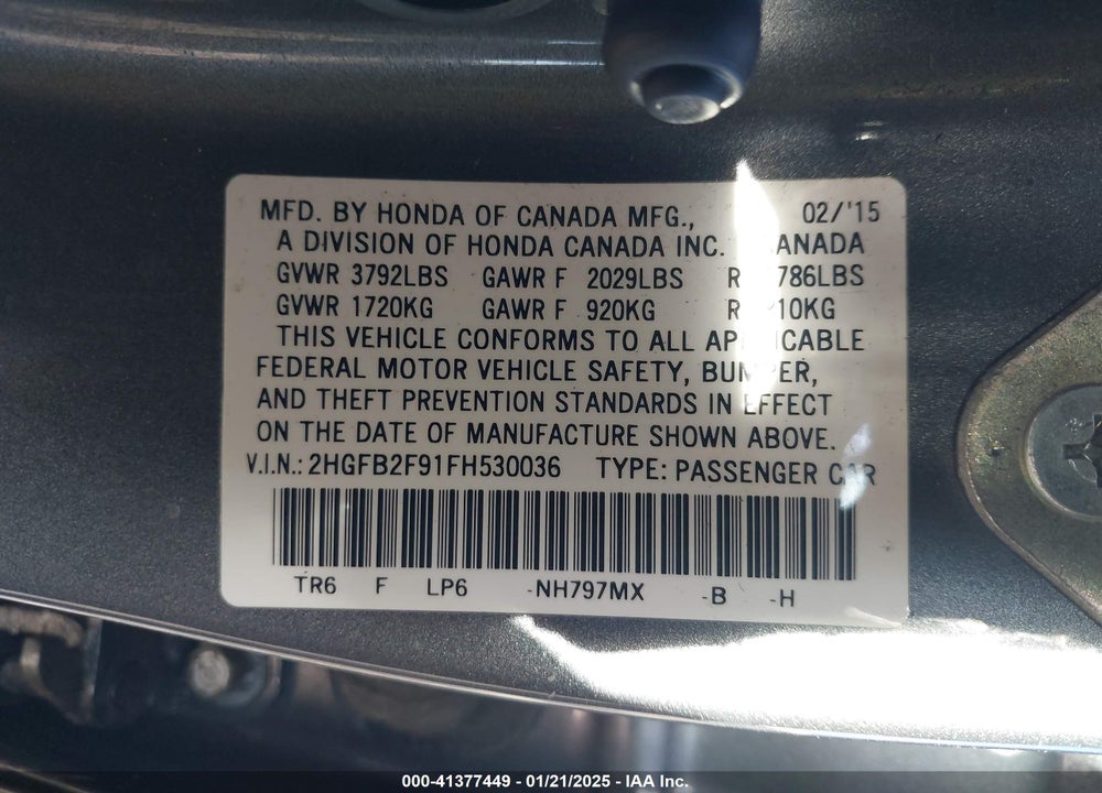 2015 HONDA CIVIC EX-L VIN: 2HGFB2F91FH530036
