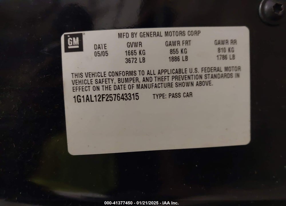 2005 CHEVROLET COBALT LS VIN: 1G1AL12F257643315