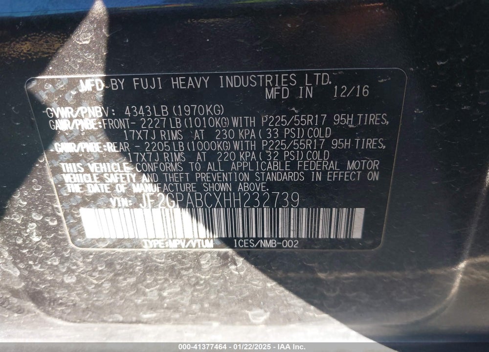 2017 SUBARU CROSSTREK 2.0I PREMIUM VIN: JF2GPABCXHH232739