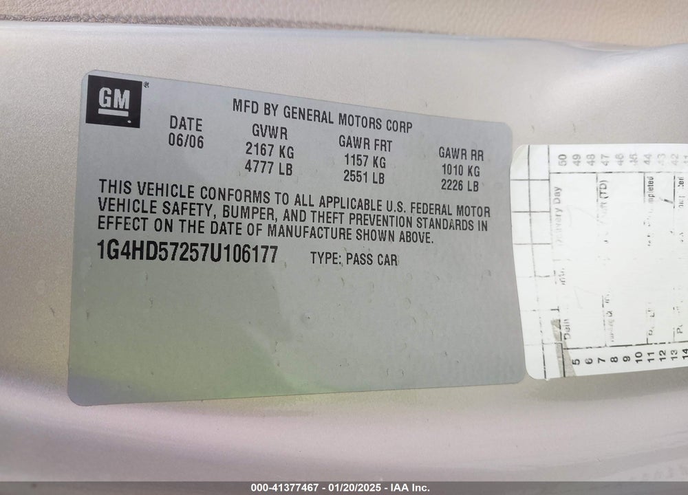 2007 BUICK LUCERNE VIN: 1G4HD57257U106177