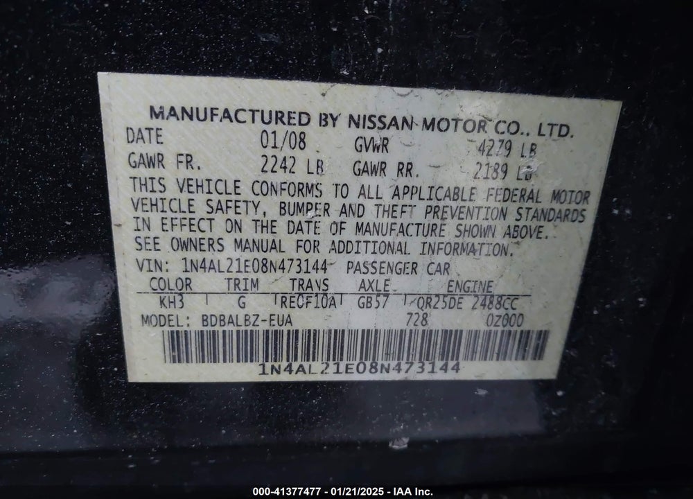 2008 NISSAN ALTIMA VIN: 1N4AL21E08N473144