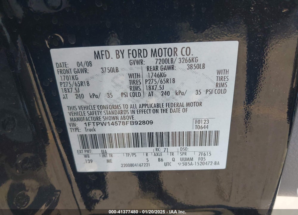 2008 FORD F-150 FX4/LARIAT/XLT VIN: 1FTPW14578FB92809