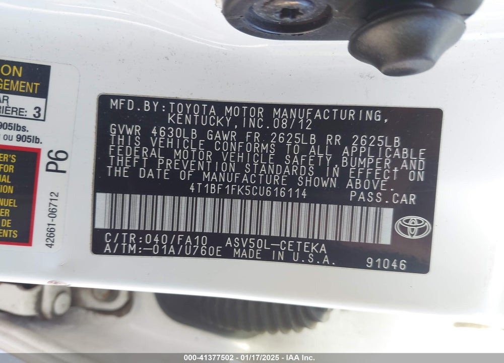 2012 TOYOTA CAMRY L VIN: 4T1BF1FK5CU616114