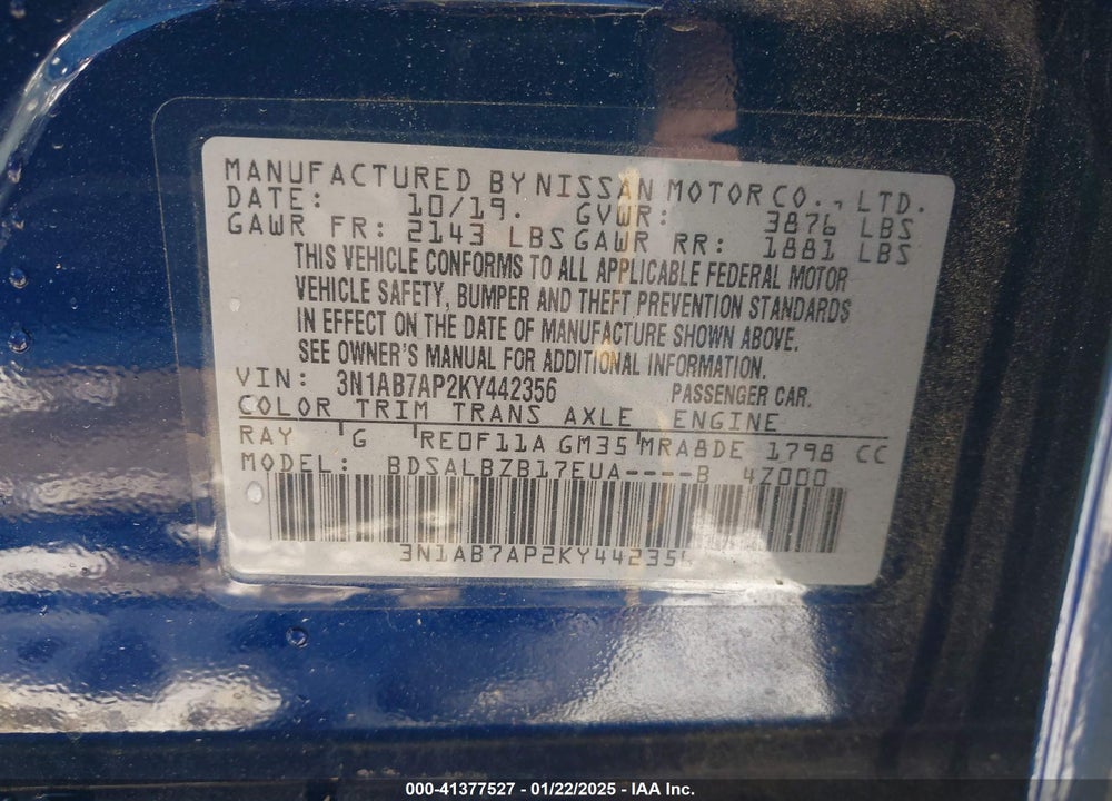2019 NISSAN SENTRA VIN: 3N1AB7AP2KY442356