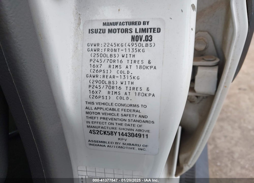 2004 ISUZU RODEO S 3.5L V6 VIN: 4S2CK58Y144304911