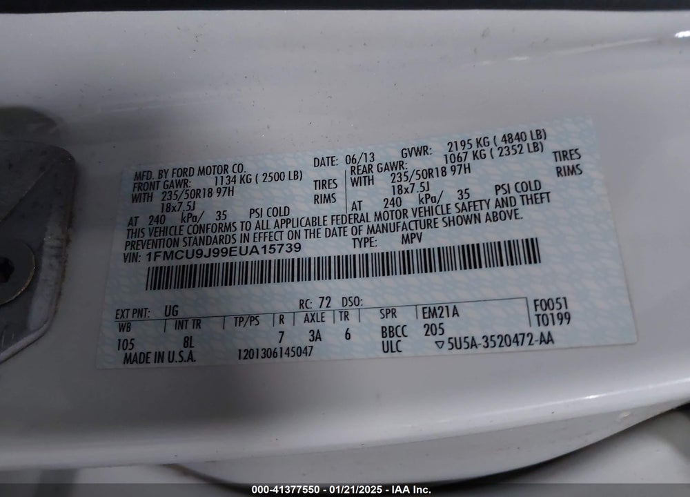 2014 FORD ESCAPE TITANIUM VIN: 1FMCU9J99EUA15739