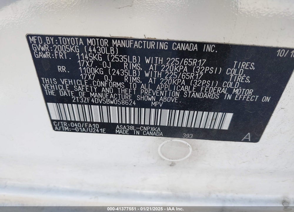 2011 TOYOTA RAV4 VIN: 2T3ZF4DV5BW058624
