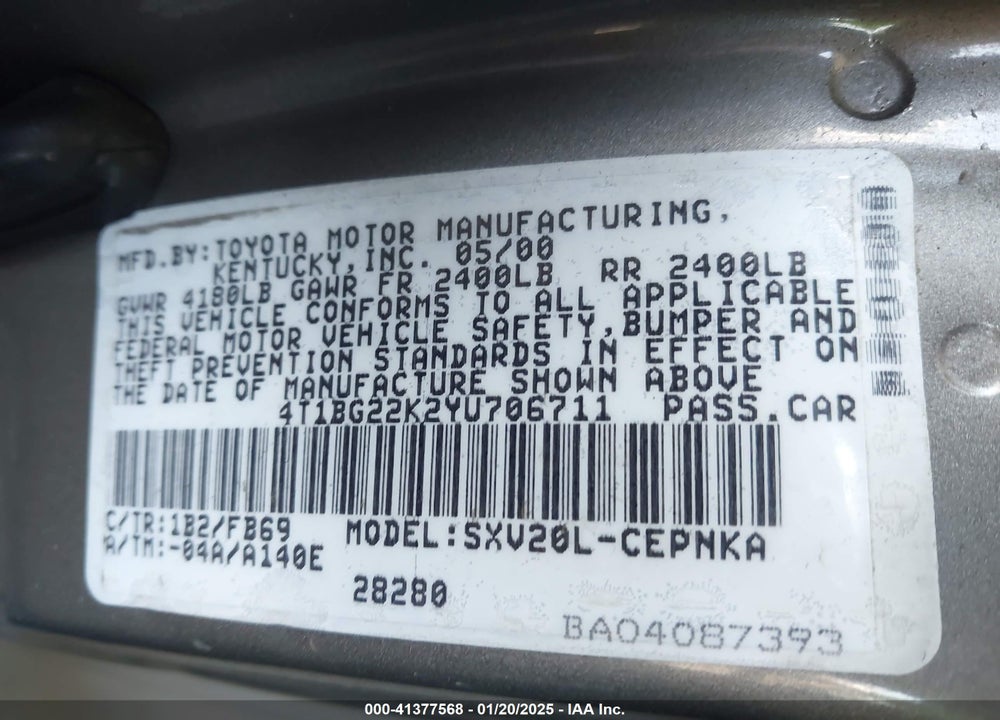 2000 TOYOTA CAMRY VIN: 4T1BG22K2YU706711