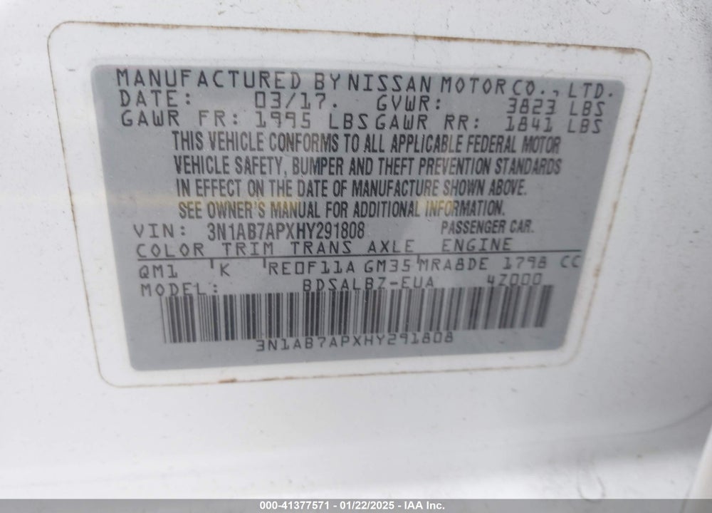2017 NISSAN SENTRA VIN: 3N1AB7APXHY291808