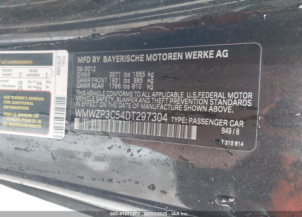 2013 MINI CONVERTIBLE COOPER S VIN: WMWZP3C54DT297304
