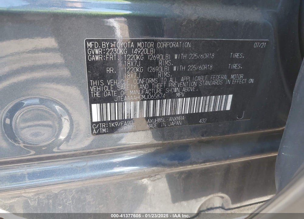 2021 TOYOTA VENZA LE VIN: JTEAAAAH0MJ065874