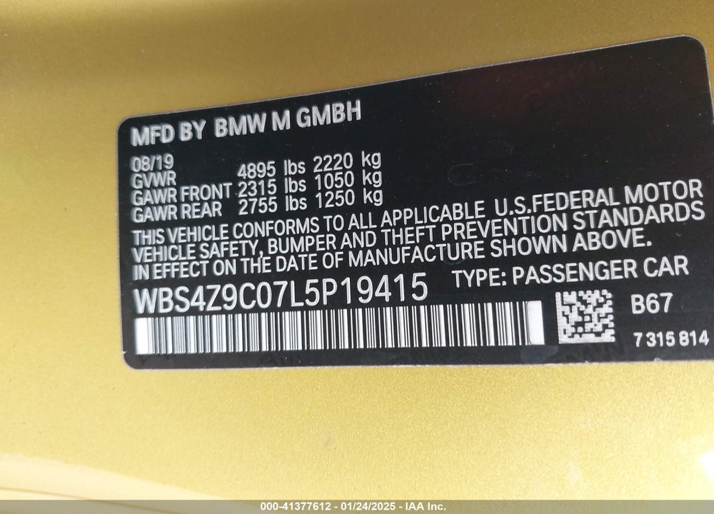 2020 BMW M4 VIN: WBS4Z9C07L5P19415