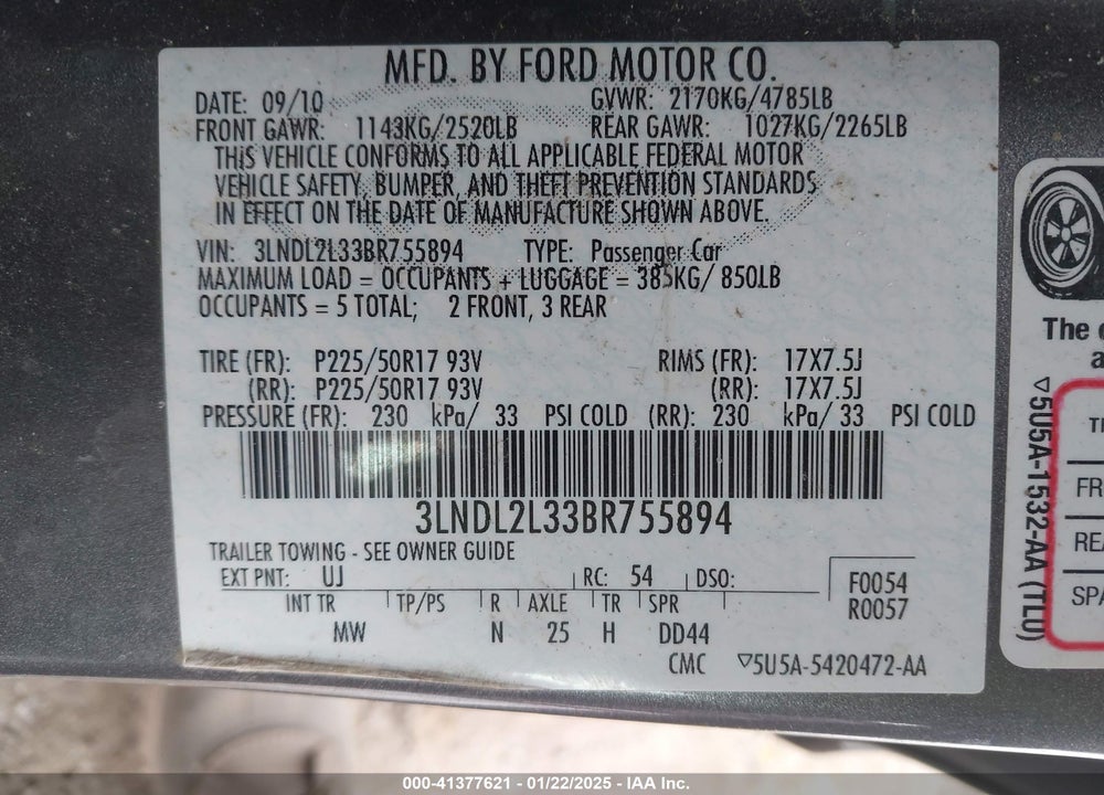 2011 LINCOLN MKZ HYBRID VIN: 3LNDL2L33BR755894