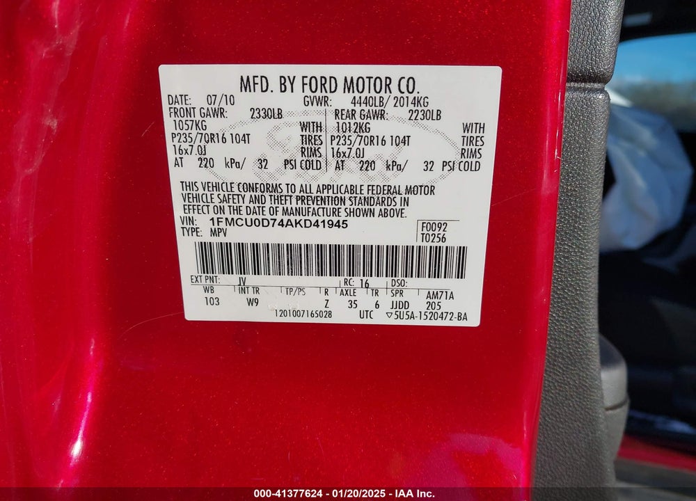 2010 FORD ESCAPE XLT VIN: 1FMCU0D74AKD41945
