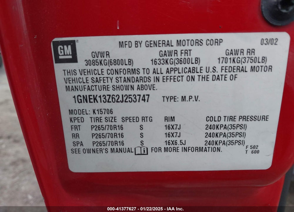 2002 CHEVROLET TAHOE LT VIN: 1GNEK13Z62J253747