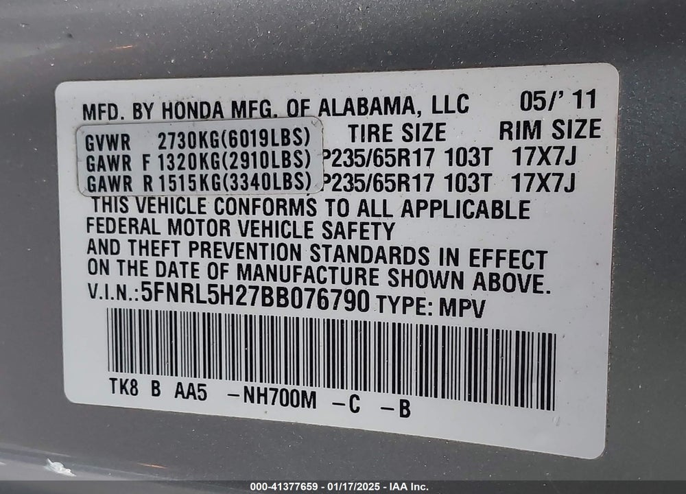 2011 HONDA ODYSSEY LX VIN: 5FNRL5H27BB076790