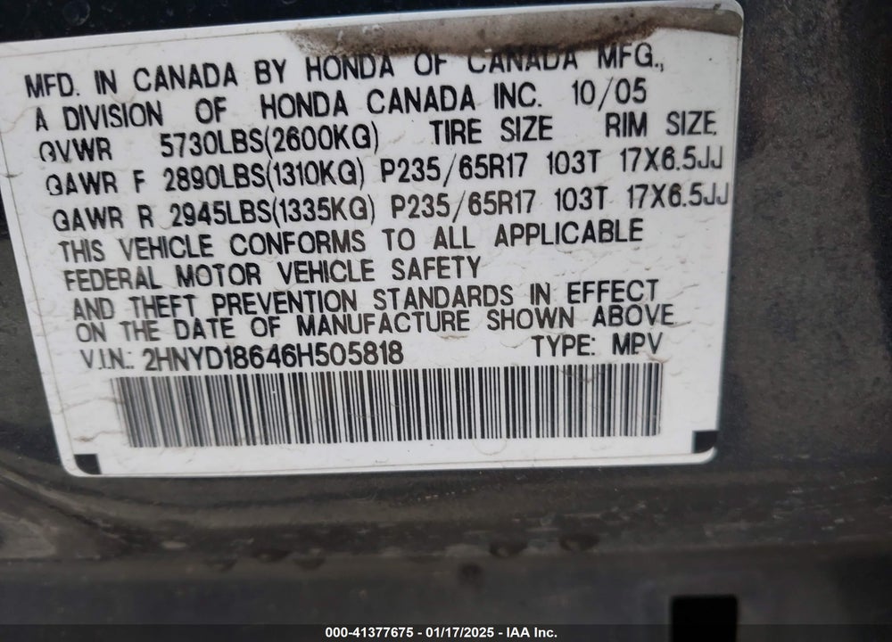 2006 ACURA MDX VIN: 2HNYD18646H505818