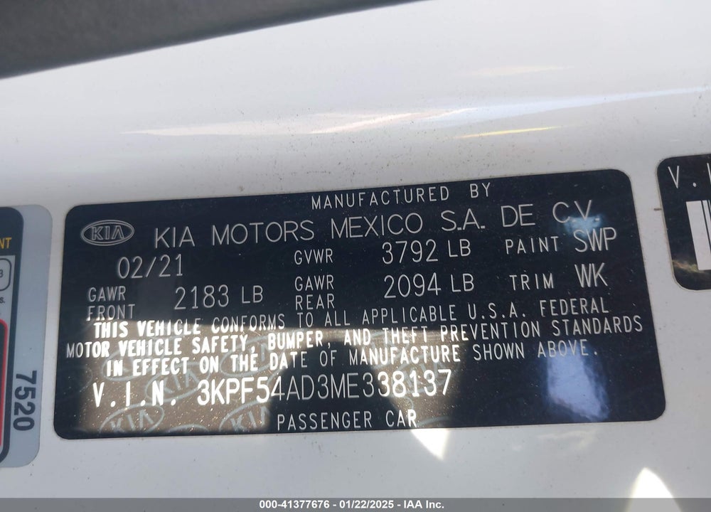 2021 KIA FORTE VIN: 3KPF54AD3ME338137