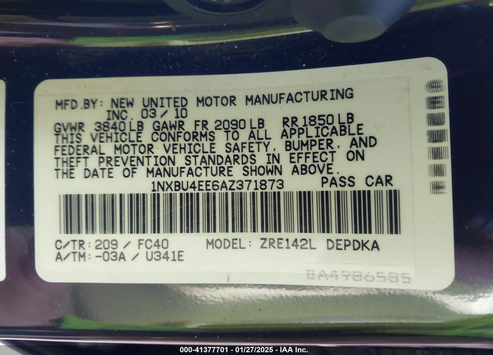 2010 TOYOTA COROLLA LE VIN: 1NXBU4EE6AZ371873