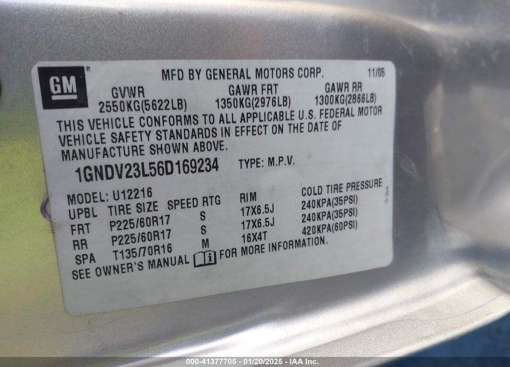 2006 CHEVROLET UPLANDER LS VIN: 1GNDV23L56D169234
