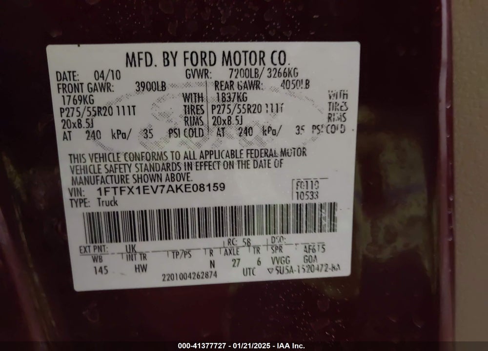 2010 FORD F-150 LARIAT VIN: 1FTFX1EV7AKE08159
