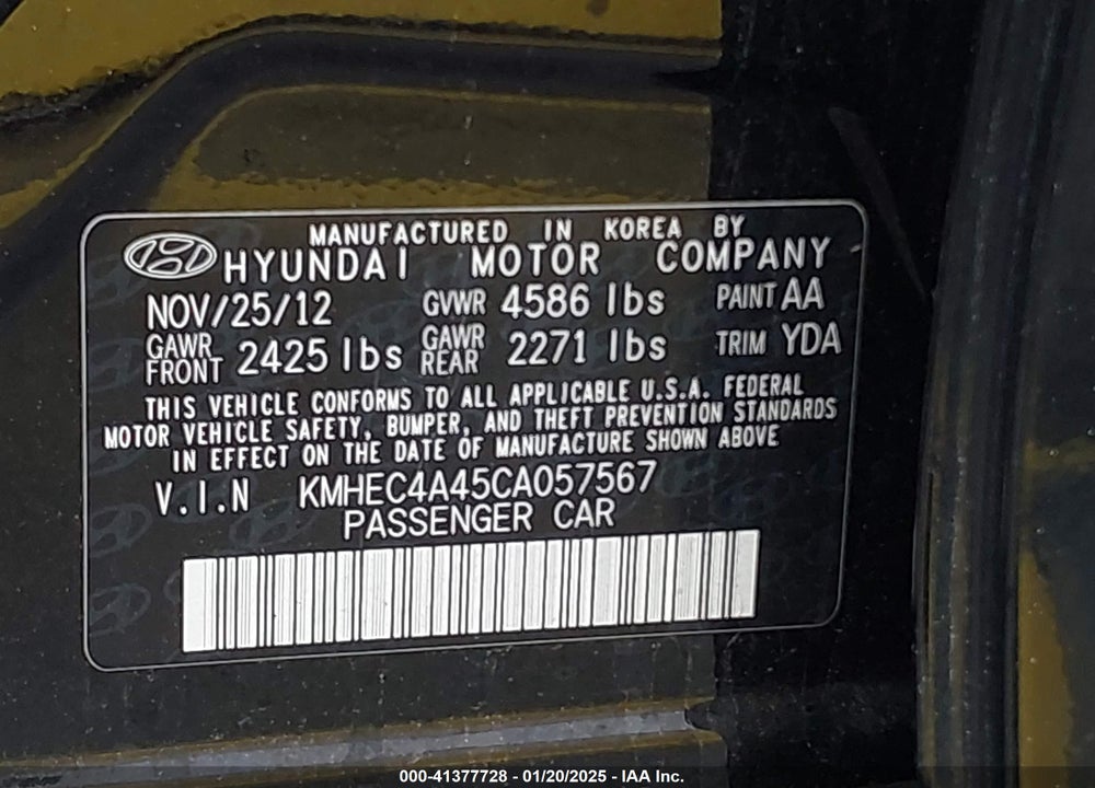 2012 HYUNDAI SONATA HYBRID VIN: KMHEC4A45CA057567