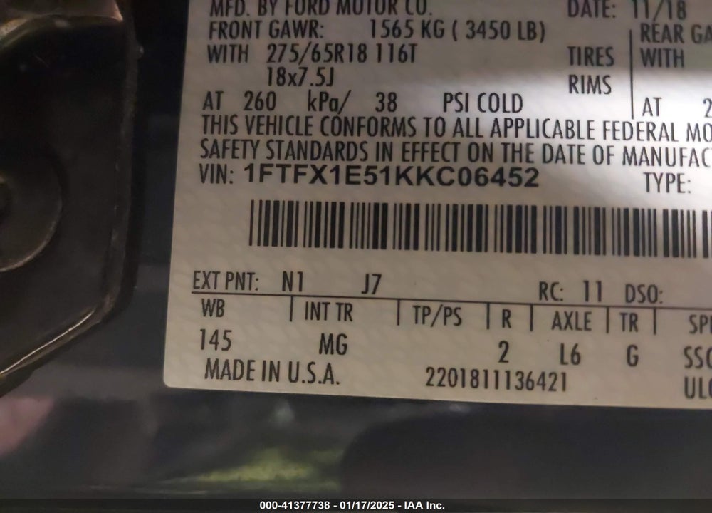 2019 FORD F-150 VIN: 1FTFX1E51KKC06452