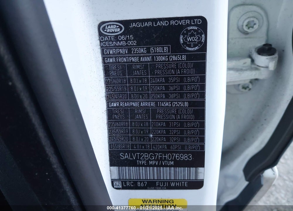 2015 LAND ROVER RANGE ROVER EVOQUE DYNAMIC VIN: SALVT2BG7FH076983
