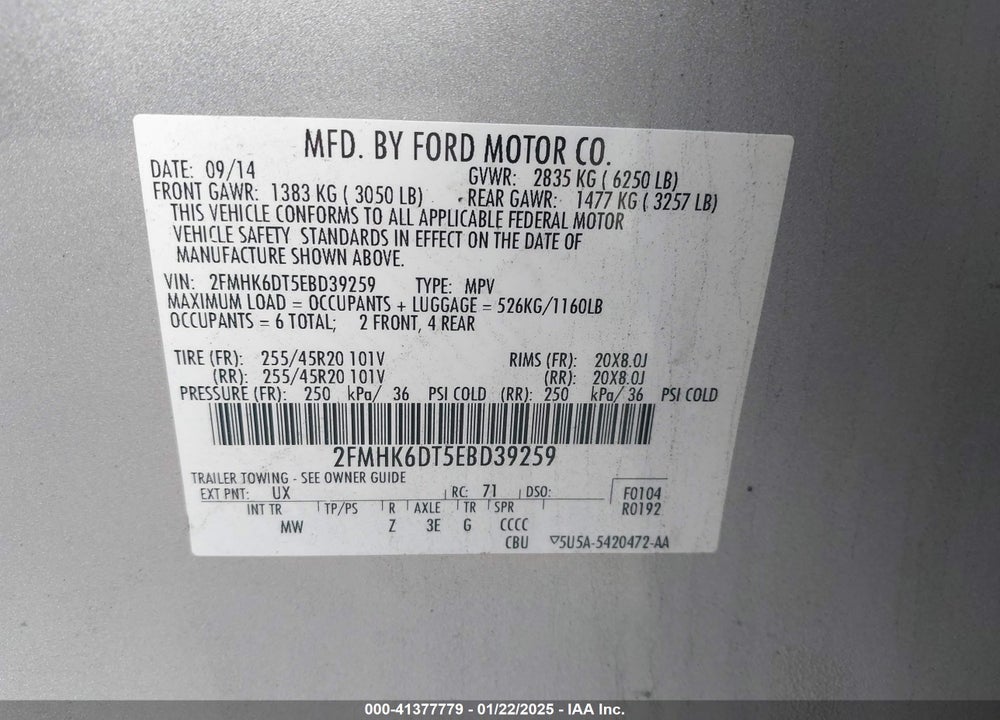 2014 FORD FLEX LIMITED VIN: 2FMHK6DT5EBD39259